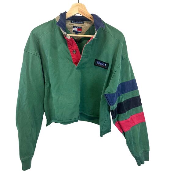 Tommy Hiilfiger Outdoors Green Cropped Pull Over Collared Sweatershirt Wmens M - Picture 1 of 13